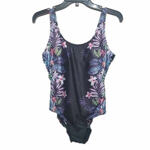 La Vie En Rose Aqua Rose Floral Tropical One Piece Swimsuit Criss Cross Lace
